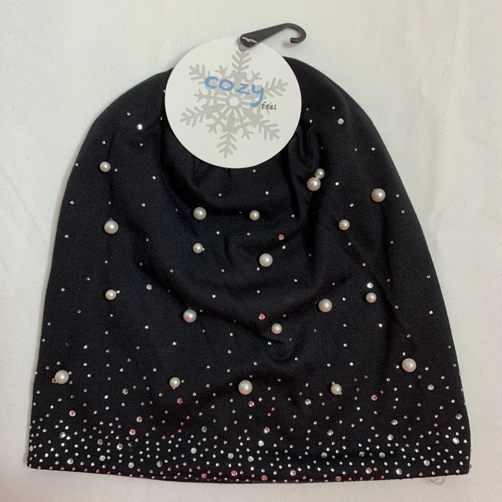 Womens Pearl Rhinestone Beanie Navy OS